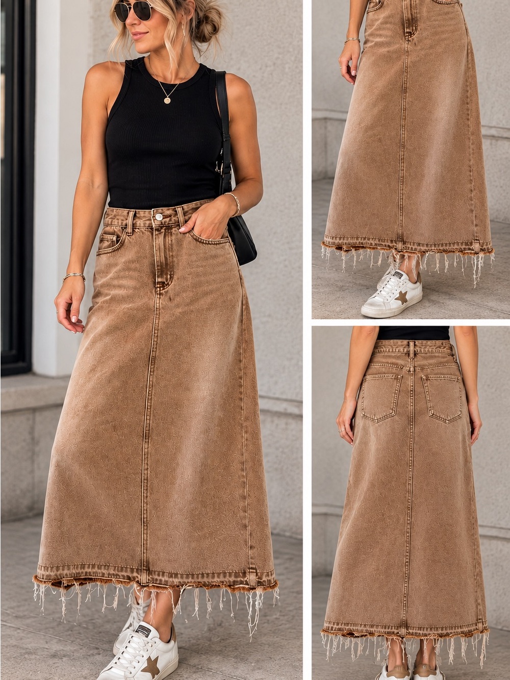 Brown Washed Denim Maxi Skirt Raw Frayed Hem High Rise waist 12.5”